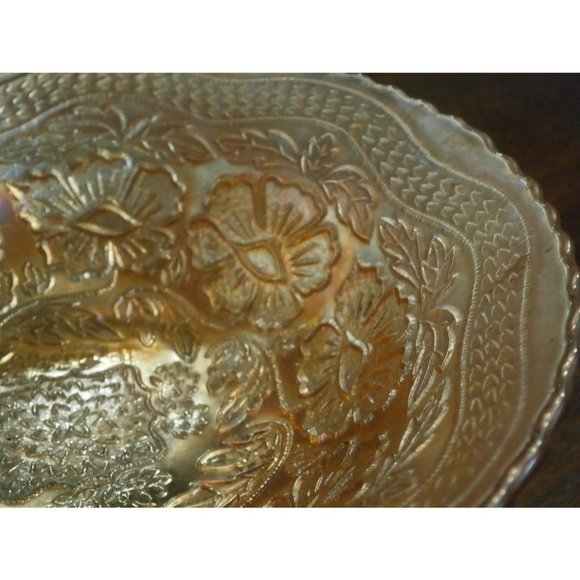 Edwardian Marigold Footed Carnival Glass Bowl Orange Iridescent Shimmer Display - Picture 6 of 6